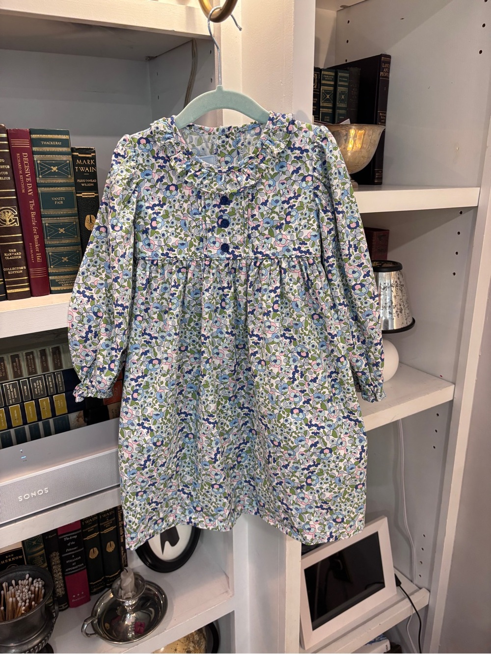 Girls Floral Ruffle-Collar Long Sleeve Dress - Blue & Green